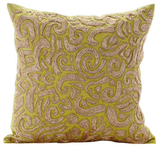 Zardozi Abstract Green Shams, Cotton Linen 24"x24" Pillow Sham, Gold Carnival