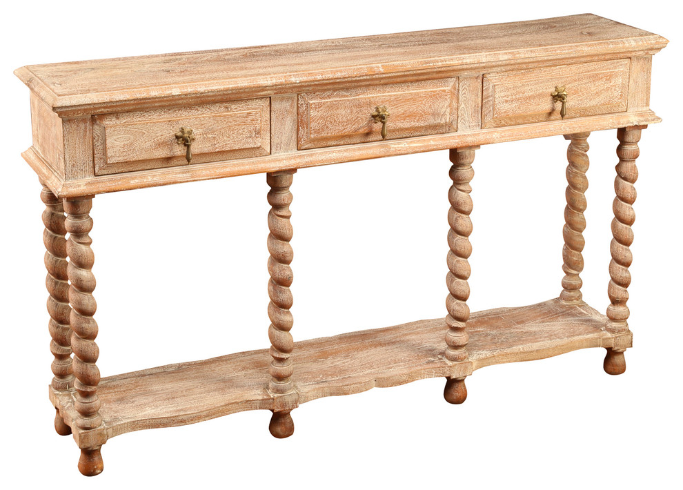 Three Drawer Barley Twist Console Table Weathered Sand Finish Three Drawer Barley Twist Console Table