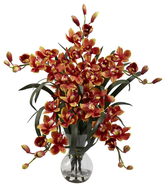 Large Cymbidium Vase Arrangement In Burgundy Traditional