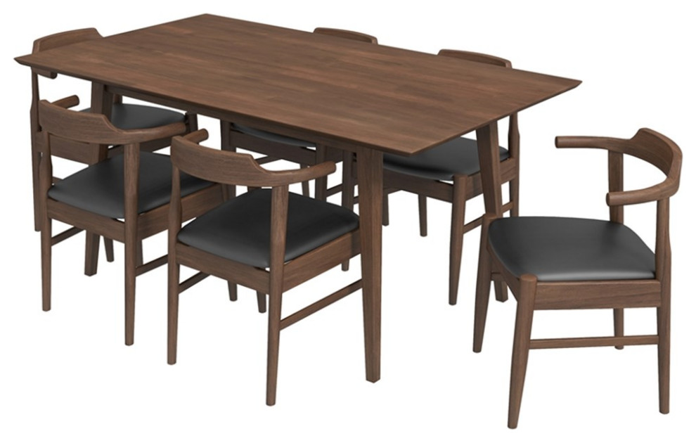 Dartmouth Modern Solid Wood Walnut Dining Table and 6 Black Leather