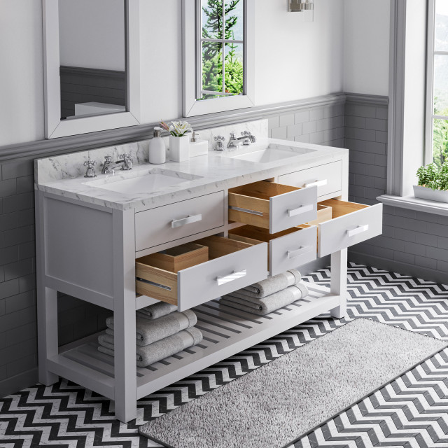 60" Pure White Double Sink Bathroom Vanity - Transitional - Bathroom ...