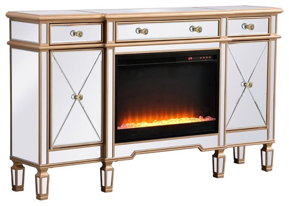 Elegant Decor Contempo 60" Mirrored Credenza with Crystal Fireplace in