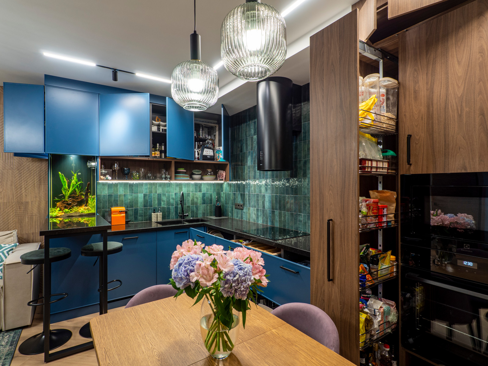 Кухня в современном стиле со встроенным аквариумом