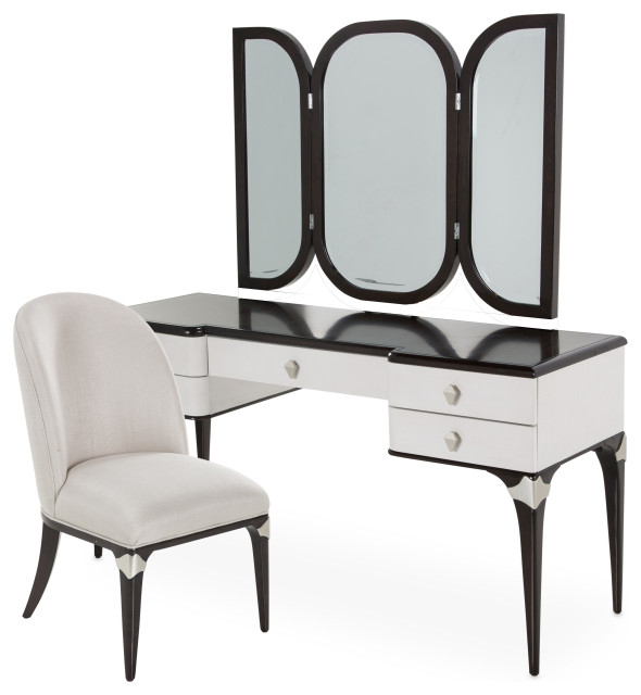 Paris Chic Vanity with Mirror and Chair Espresso Transitional
