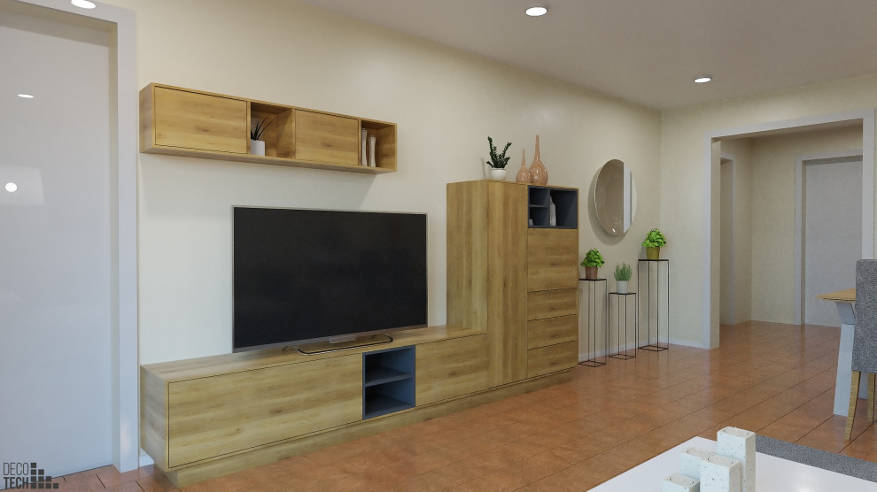 Immagine di un soggiorno minimal di medie dimensioni e chiuso con pareti beige