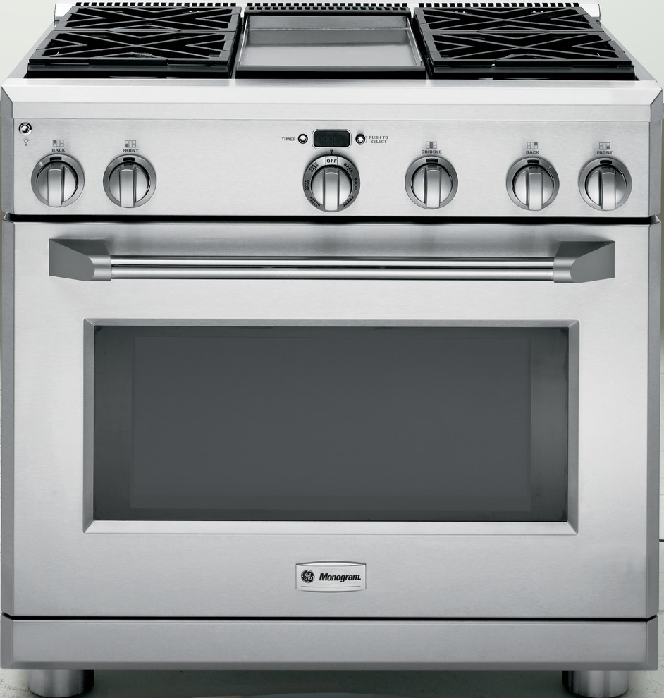 GE Monogram 36" professional range with four burners and a griddle