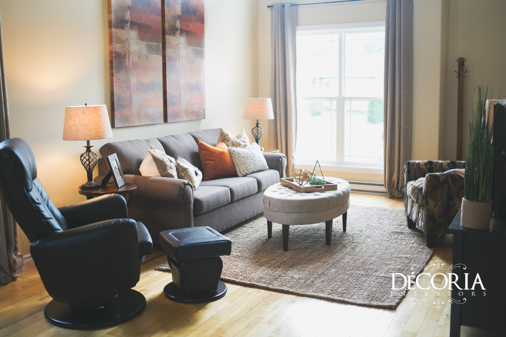 Home design - small transitional formal and open concept light wood floor and beige floor home design idea with beige walls, a standard fireplace and a tv stand