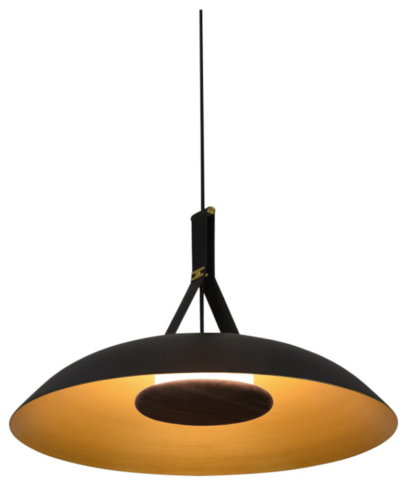 Volo LED Pendant, Noir, Brushed Brass/ Black Leather/Dark Stained Walnut, 4000K