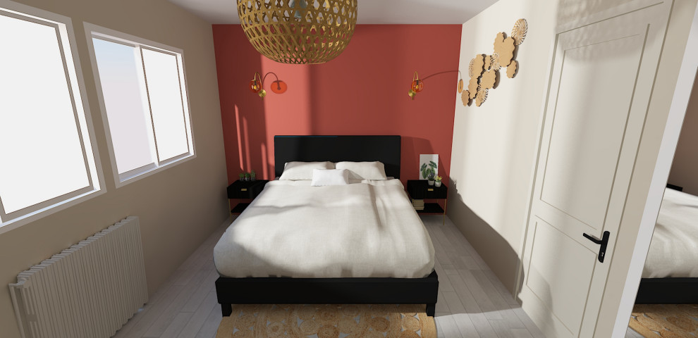 Свежая идея для дизайна: хозяйская спальня среднего размера в классическом стиле с разноцветными стенами, полом из фанеры и серым полом без камина - отличное фото интерьера