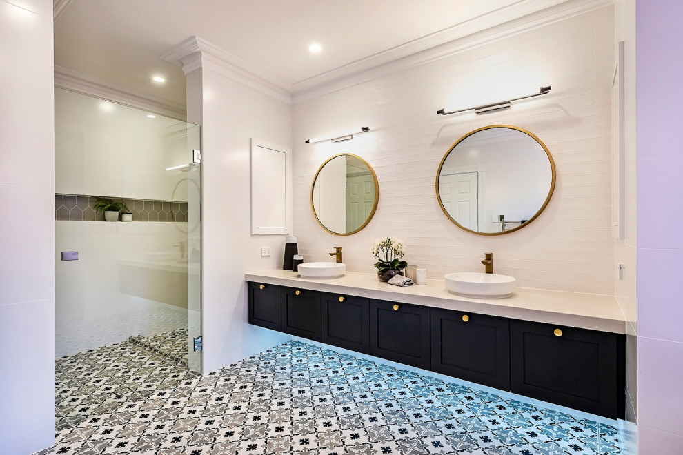 Inspiration for a large transitional master bathroom in Perth with shaker cabinets, black cabinets, engineered quartz benchtops, a niche, a double vanity and a floating vanity.