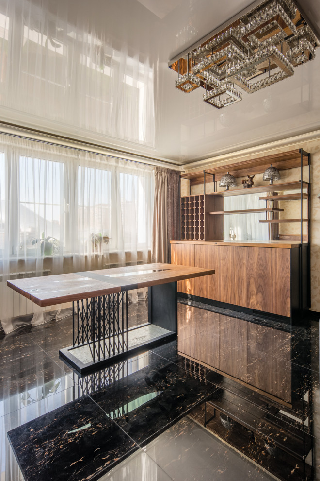 Inspiration for a mid-sized contemporary galley eat-in kitchen in Moscow with flat-panel cabinets, brown cabinets, wood benchtops, brown splashback, timber splashback, marble floors, no island, black floor and brown benchtop.