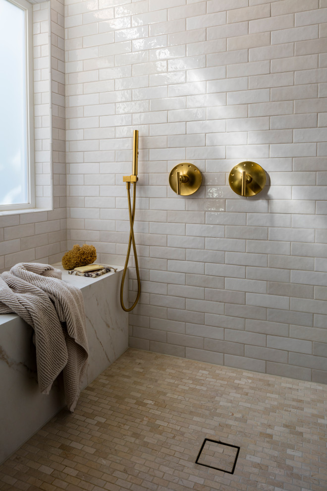 Freestanding bathtub - mid-sized french country master white tile and porcelain tile porcelain tile, white floor and double-sink freestanding bathtub idea in Seattle with shaker cabinets, white cabinets, a two-piece toilet, white walls, an undermount sink, solid surface countertops, a hinged shower door, white countertops and a built-in vanity