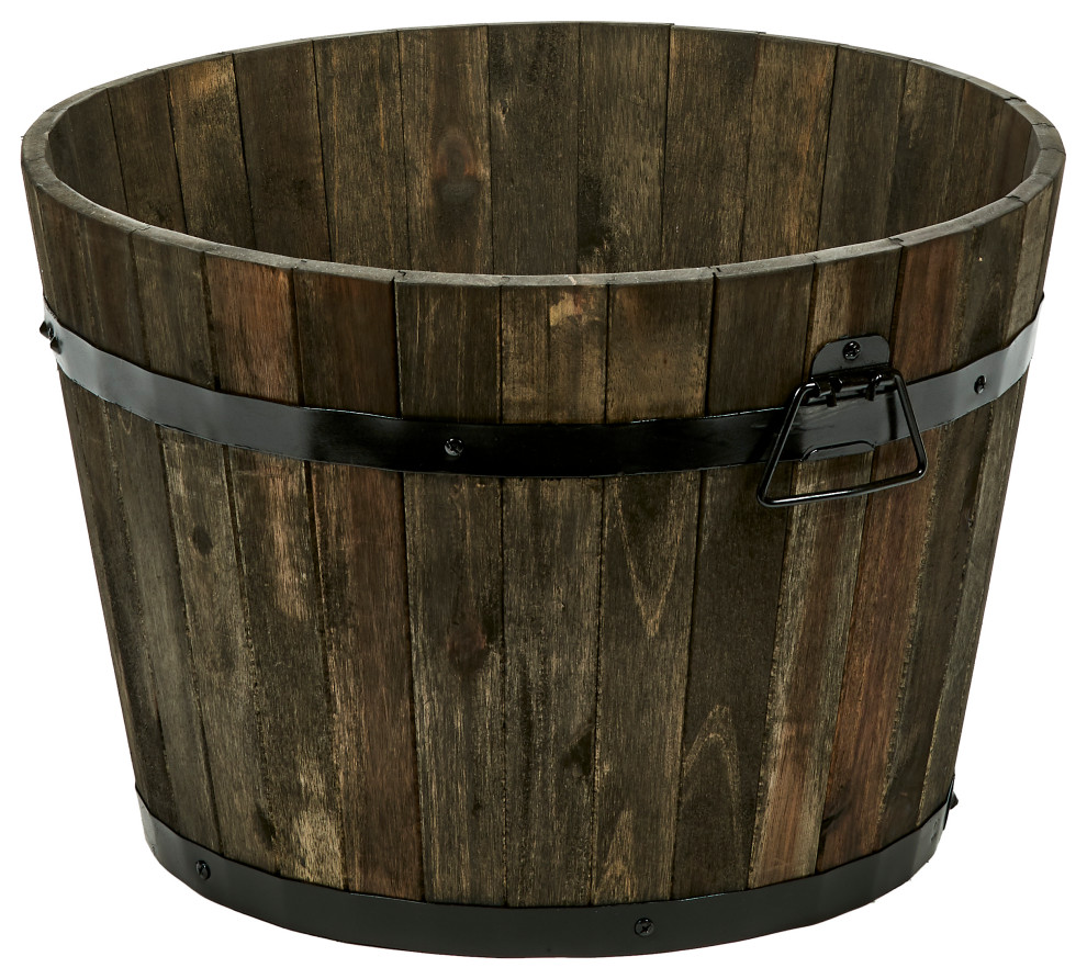 13" Wood Barrel Planter With Brown Oil