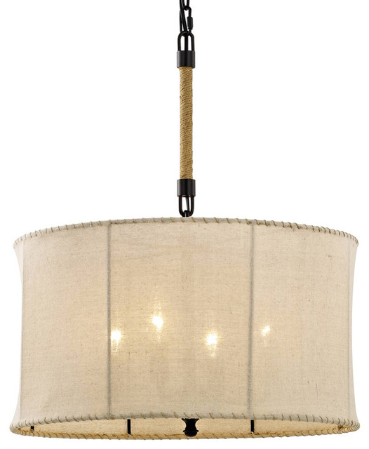 Key West 4 Light Drum Pendant Aged Bronze With Hand Stitched Burlap