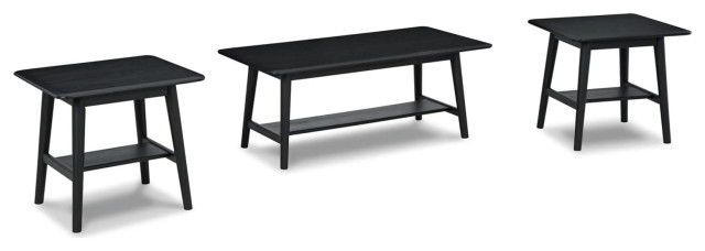 Set of 3 Coffee Table Set, Wood Construction With Spacious Bottom Shelf, Black