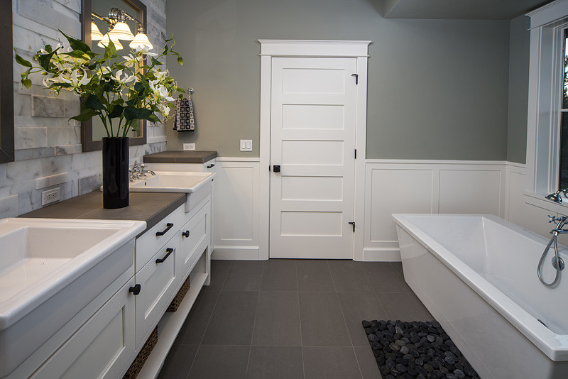 Transitional master bathroom in Other with an integrated sink, recessed-panel cabinets, white cabinets, tile benchtops, a curbless shower, gray tile, porcelain tile, green walls and ceramic floors.