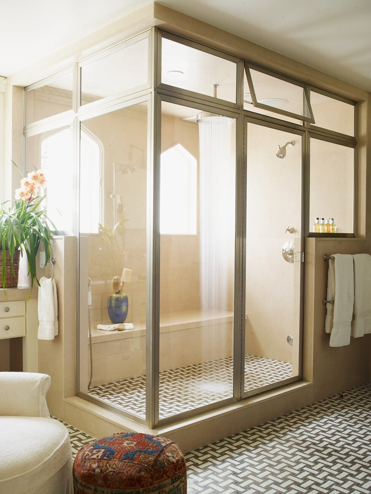 Large traditional bathroom in Los Angeles with flat-panel cabinets, white cabinets, beige walls, porcelain floors, with a sauna and an alcove shower.