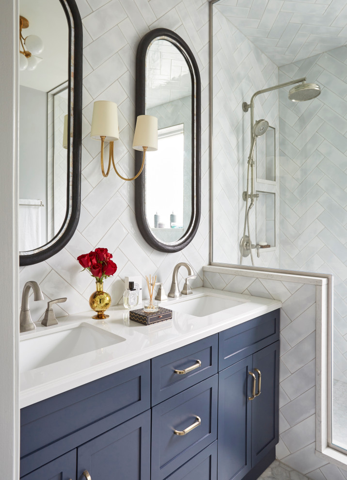 Inspiration for a transitional master gray tile gray floor alcove shower remodel in Chicago with shaker cabinets, blue cabinets, an undermount sink, a hinged shower door and white countertops