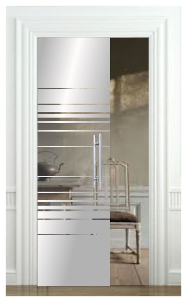 Frameless Glass Pocket Sliding Door and Frosted Stripes Lines, Custom