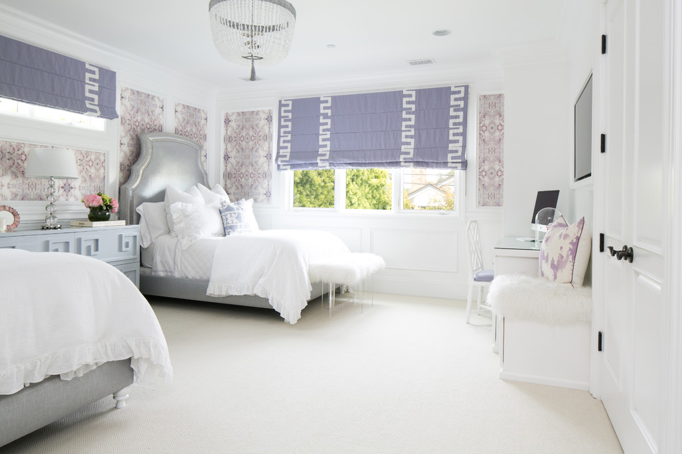 Photo of a transitional kids' room for girls in Orange County with white walls and carpet.