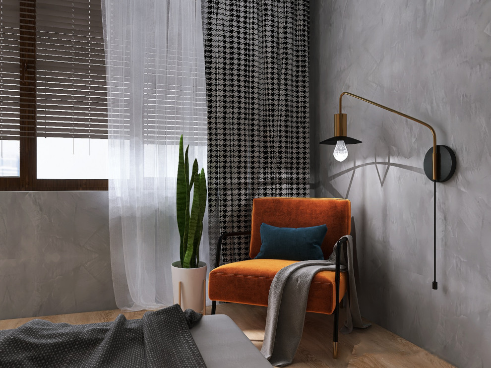 Дизайн спальни, совмещенной с санузлом, для молодого человека