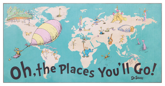 40x20 Dr. Seuss Colorful Characters Oh The Places You'll Go World Map Wood Wall