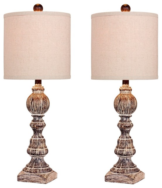 26" Distressed Balustrade Resin Table Lamps, Cottage Antique Brown, Set of 2