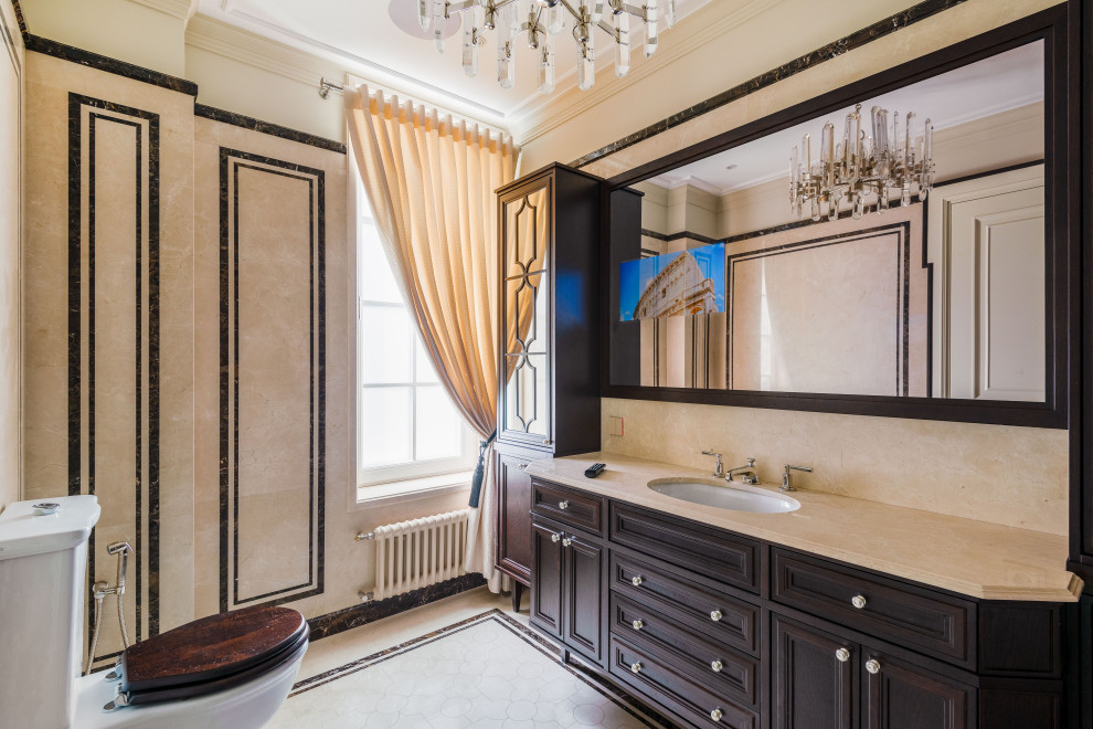 Design ideas for a mid-sized transitional master bathroom in Moscow with dark wood cabinets, an alcove tub, beige tile, beige benchtops, a single vanity and a freestanding vanity.