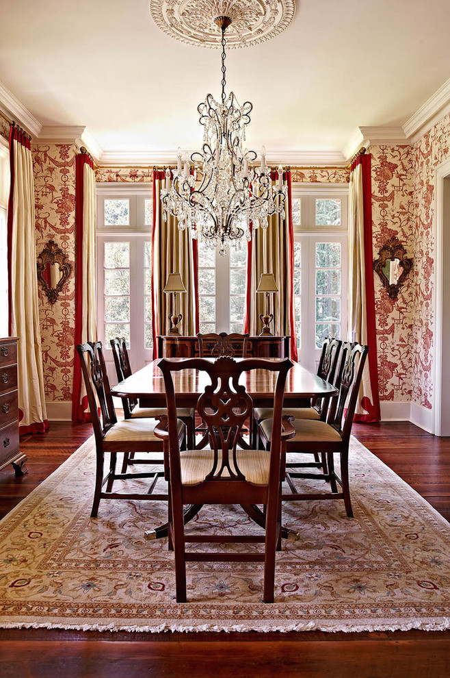 Traditional separate dining room in Raleigh with dark hardwood floors, no fireplace and multi-coloured walls.