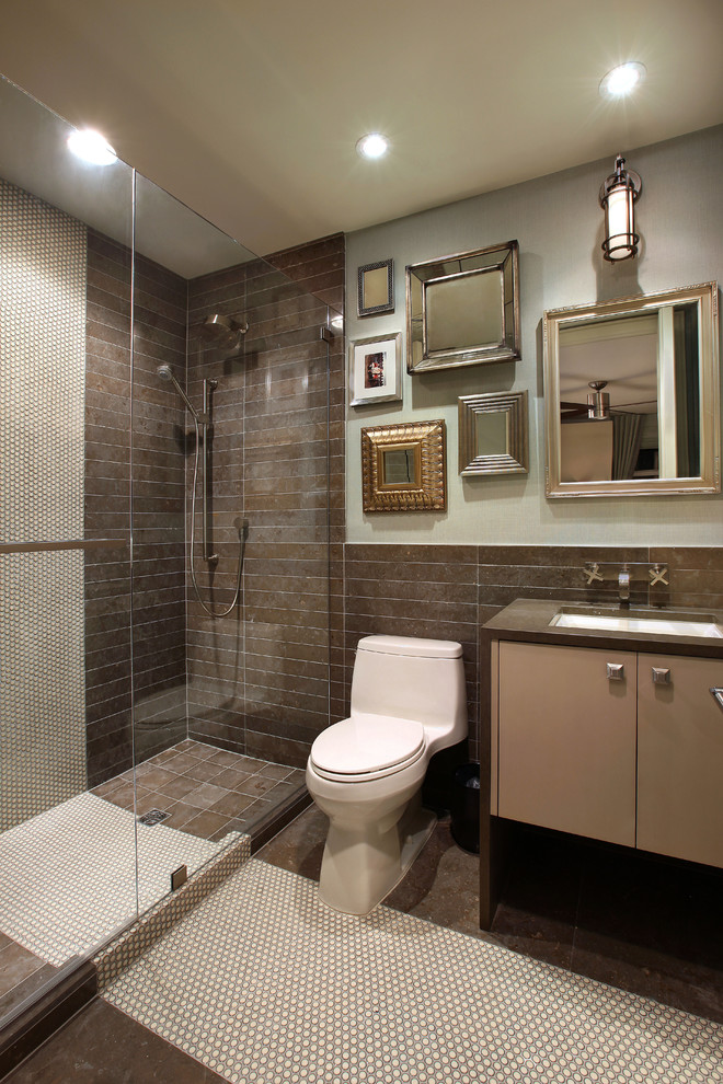 Design ideas for a mid-sized contemporary bathroom in Miami with flat-panel cabinets, beige cabinets, a double shower, a one-piece toilet, brown tile, stone tile, blue walls, limestone floors, an undermount sink, concrete benchtops and a hinged shower door.