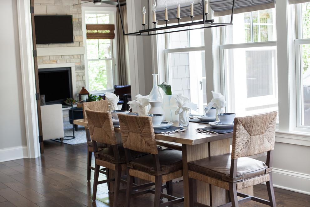 Kitchen - transitional dark wood floor and brown floor kitchen idea in Chicago with gray cabinets, quartz countertops and white countertops