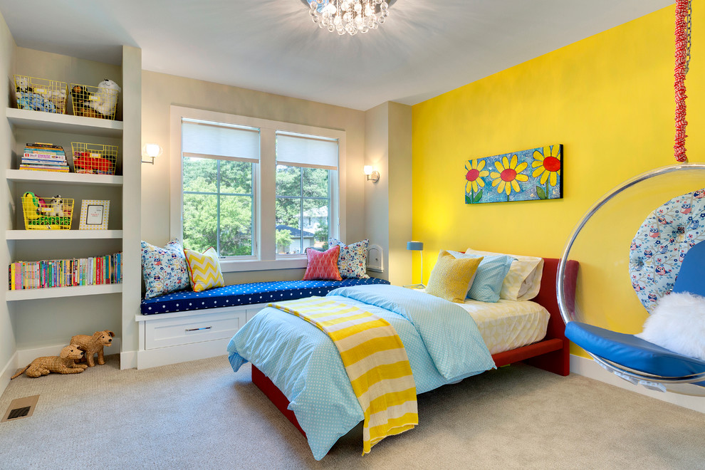Kids' bedroom - contemporary carpeted kids' bedroom idea in Minneapolis with multicolored walls