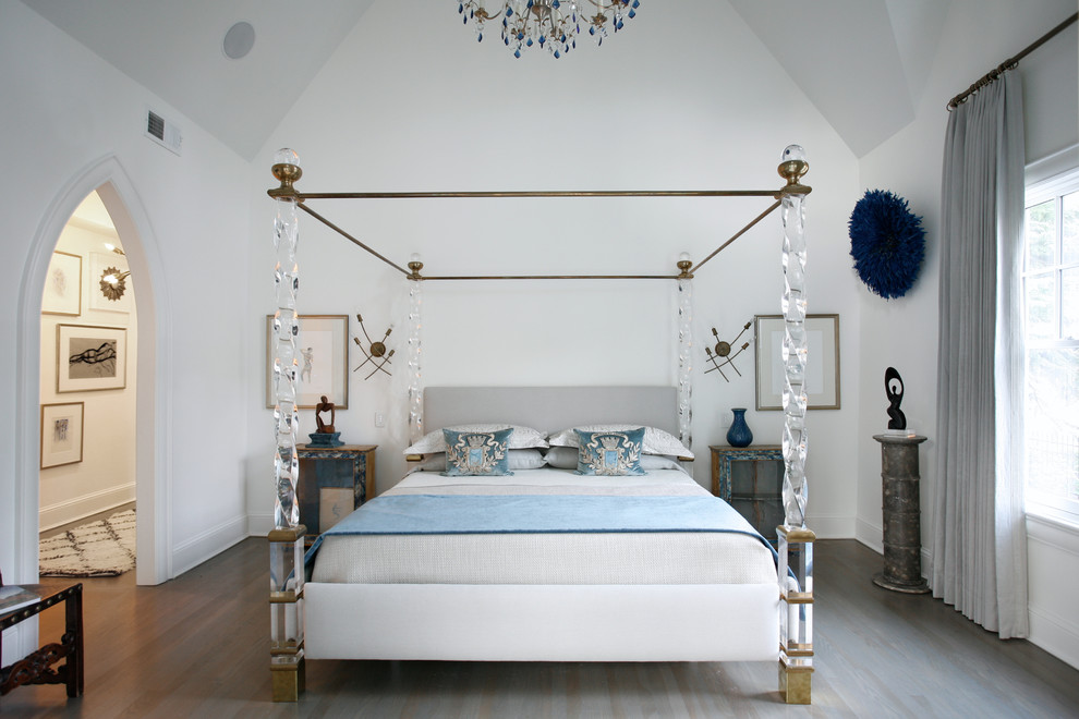 Design ideas for a transitional master bedroom in Atlanta with white walls and grey floor.