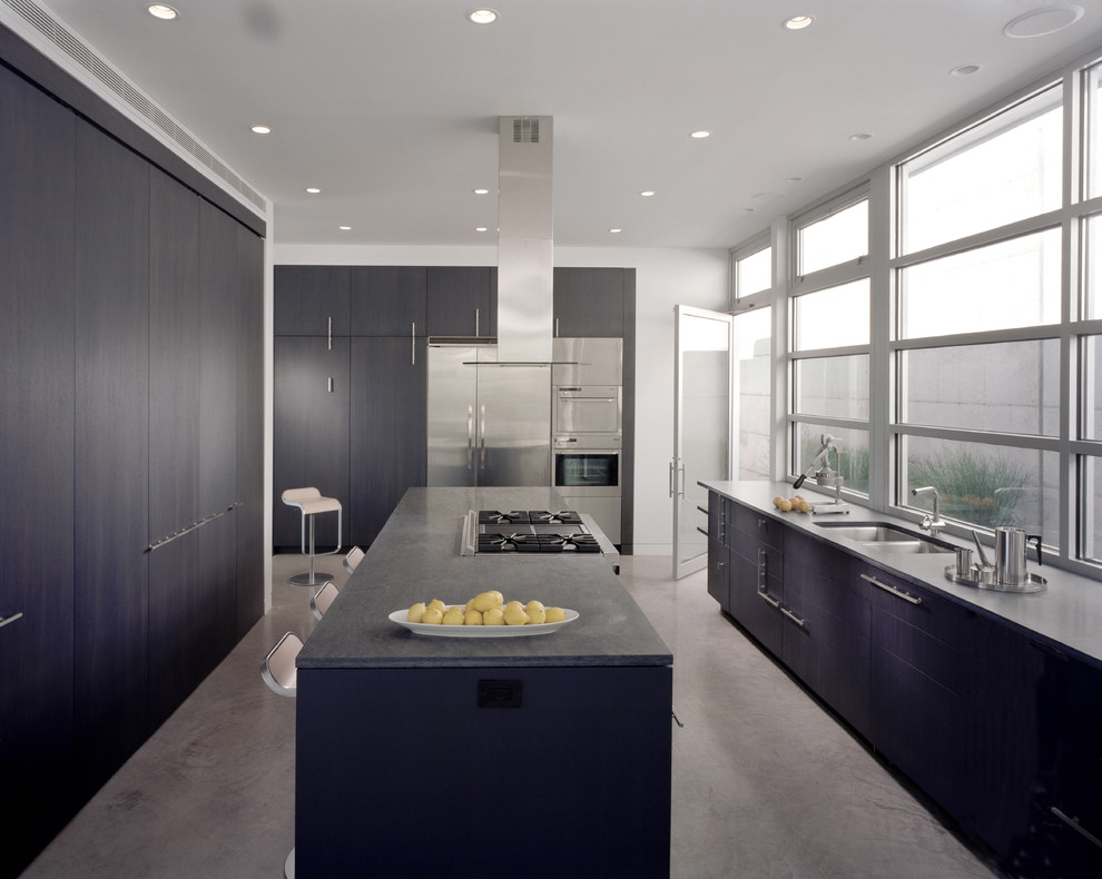 Photo of a large contemporary u-shaped kitchen in New York with a double-bowl sink, flat-panel cabinets, black cabinets, stainless steel appliances and with island.