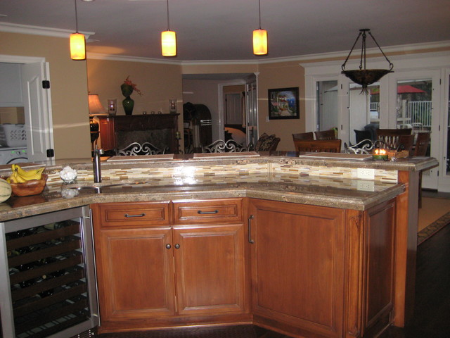 Granite Painted Cabinets With Stained Island Vaulted