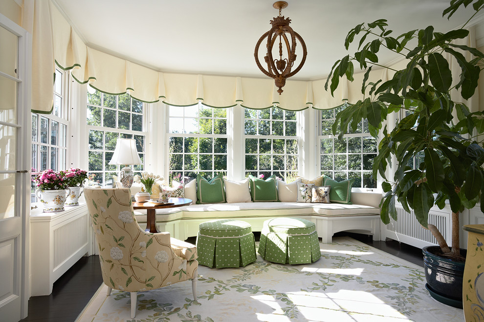 Design ideas for a mid-sized traditional sunroom in Minneapolis with dark hardwood floors, a standard ceiling, no fireplace and black floor.