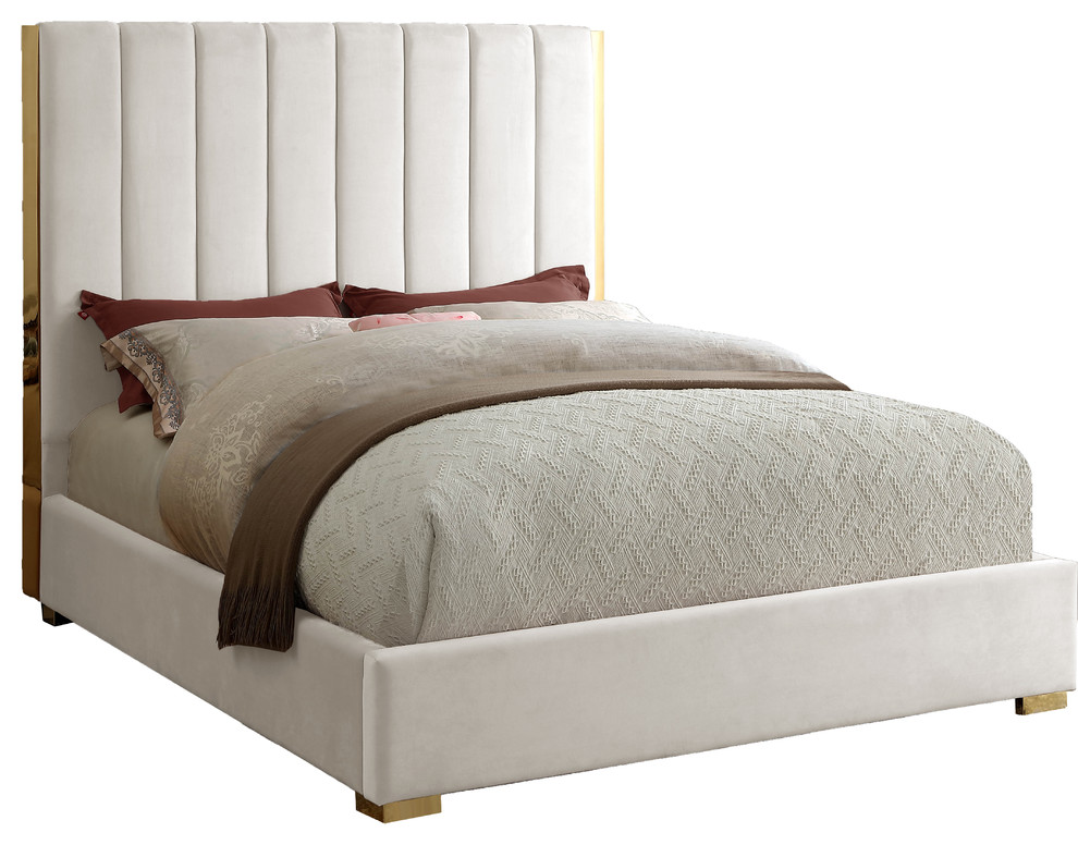 Becca Velvet Upholstered Bed, Cream, Queen