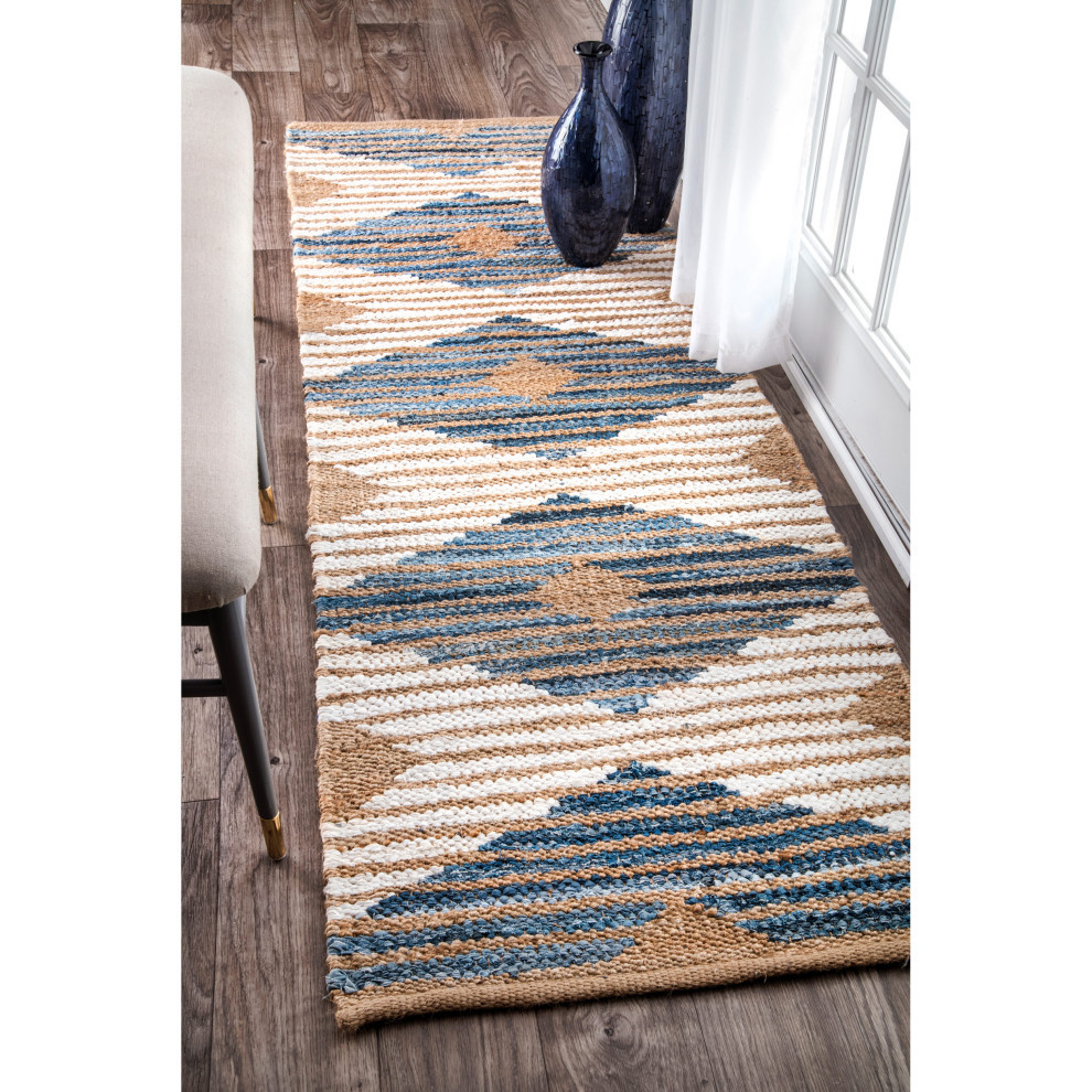 Hand Braided Denim and Jute Striped Diamonds Area Rug Scandinavian
