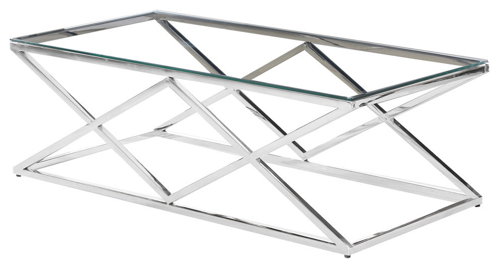 Rectangular Stainless Steel Angled Clear Glass Coffee Table, E44, Silver