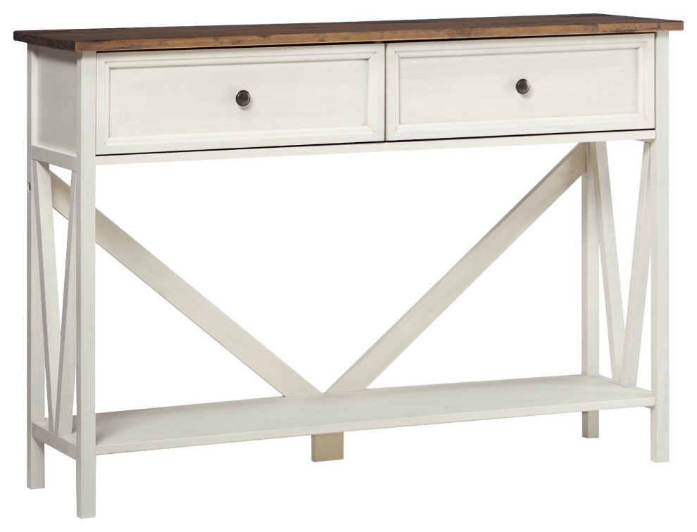 Coastal Console Table, Lower Shelf & 2 Storage Drawers, Rustic Oak