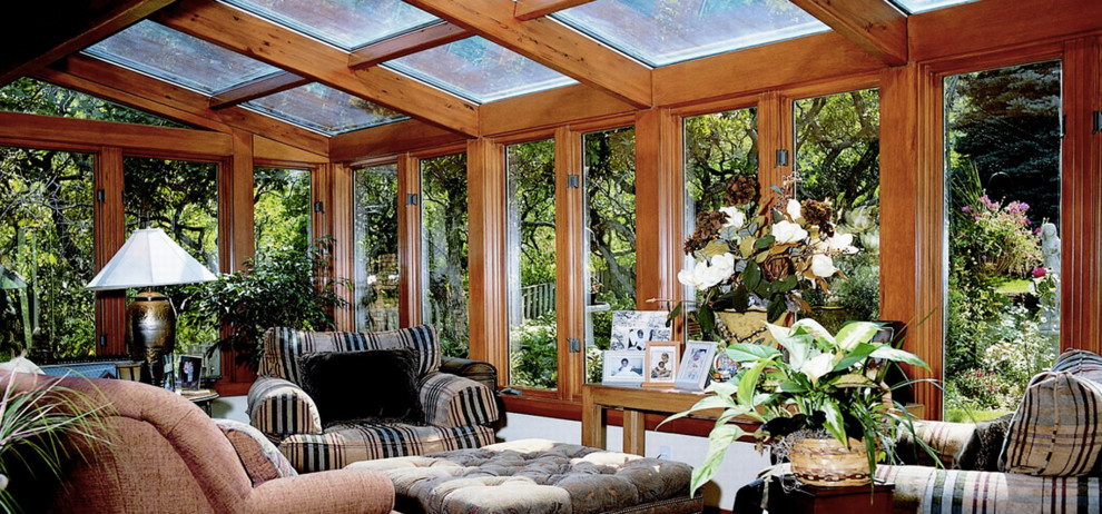 Mid-sized contemporary sunroom in Other with light hardwood floors, no fireplace and a skylight.