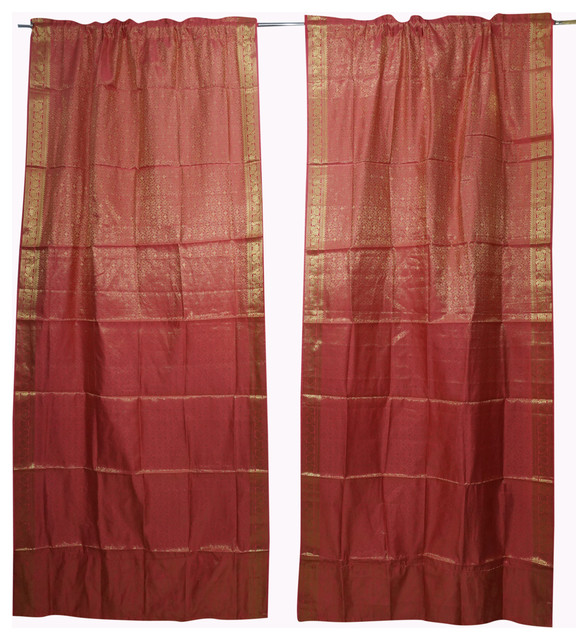 2 Indian Silk Sari Curtain Drape Red Window Treatment Decoration