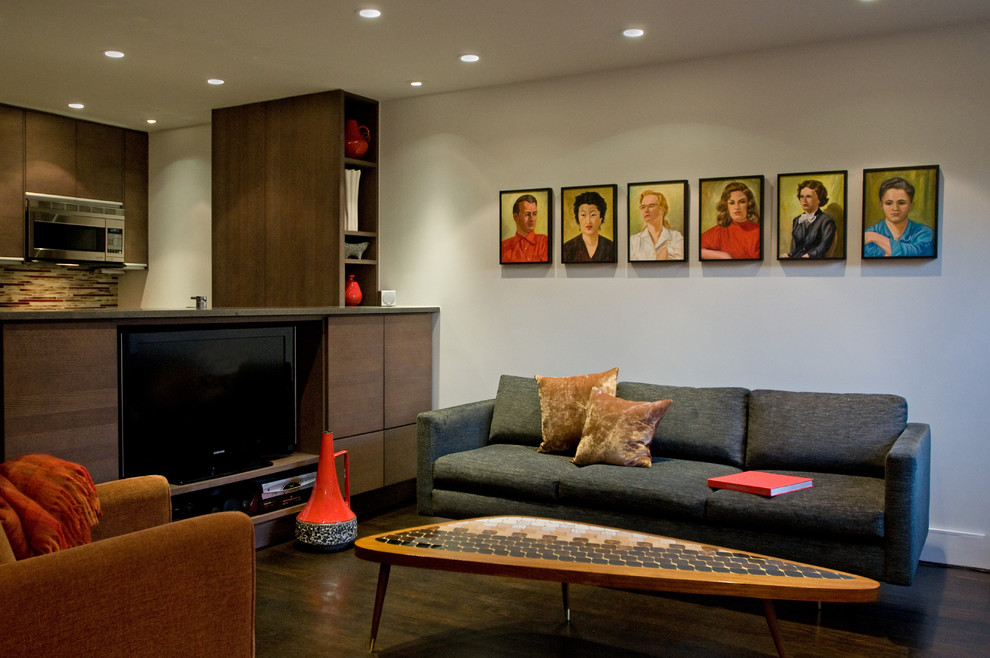Living room - mid-sized modern formal and open concept dark wood floor and brown floor living room idea in San Francisco with white walls, no fireplace and no tv