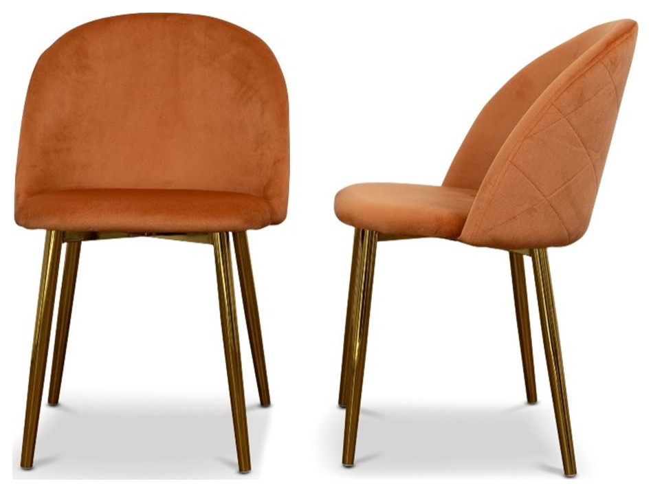 Violeta Dining Room&Kitchen Chair Set of 2 in Orange Velvet with Gold