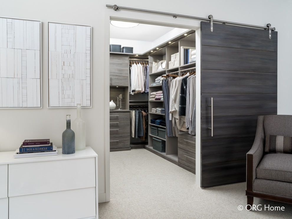 Example of a mid-sized transitional gender-neutral carpeted and beige floor walk-in closet design with flat-panel cabinets and gray cabinets