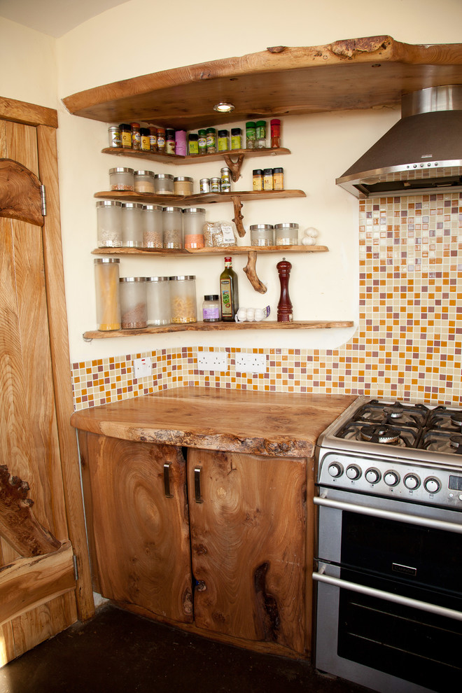 This is an example of a country kitchen in Other with medium wood cabinets, wood benchtops, multi-coloured splashback, mosaic tile splashback and stainless steel appliances.