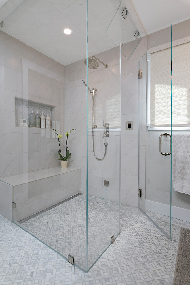 Example of a large transitional master white tile and porcelain tile porcelain tile, white floor and double-sink bathroom design in San Francisco with shaker cabinets, black cabinets, gray walls, an undermount sink, quartz countertops, a hinged shower door and white countertops