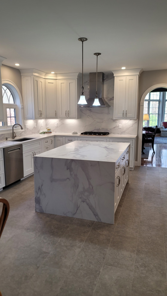 Contemporary White Kitchen - Waterfall Island