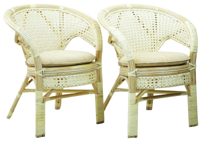 Pelangi Rattan Wiker Dining Chair, Set of 2, White Wash