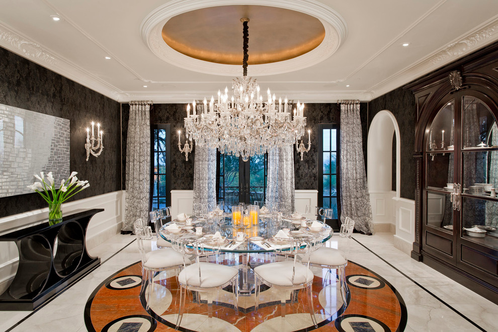 This is an example of a large traditional separate dining room in Phoenix with black walls, marble floors, no fireplace and multi-coloured floor.
